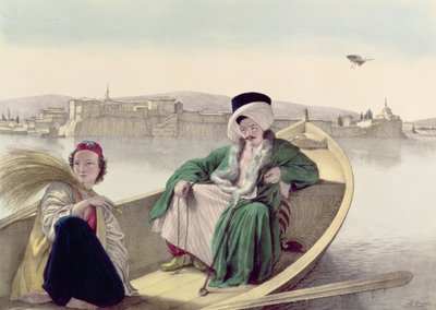 Voyage to Athens and Constantinople: palace and fortress of Janina, viewed from the lake, a Turk and a young Greek by Louis after Dupre